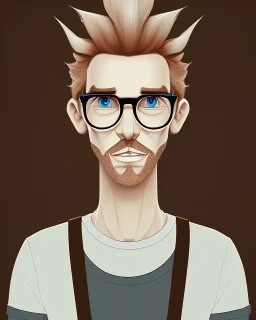 a tall guy who is skinny and scrawny with blond hair and blond beard. his hair is to the left side and he wears glasses. he is wearing a white t-shirt, black jeans and has straight teeth and brown shoes. tim burton style