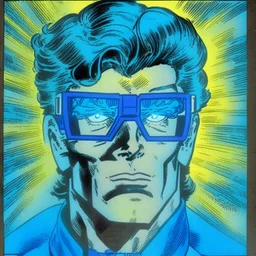 Científico con lentes azules psíquicos héroe foto de perfil arte de comic 1980