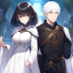 Girl with white hair wearing white robes. Boy with black hair wearing leather armor