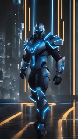 A close picture to and sub-zero in cyber style with neon blue details and ice in the background