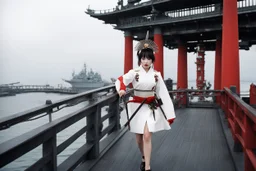 In a surreal twist of fate, a woman emerges on the bridge of the Potemkin, a Japanese battleship from World War II. She stands clad in a 1960s style bloody and white mini dress like an armored onna bugeisha warrior , wielding a katana with ancient grace. The fusion of eras and cultures creates a psychological thriller atmosphere, akin to a scene from the "Twilight Zone."