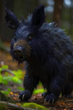 Bear and boar and rabbit hybrid creature, black, photograph