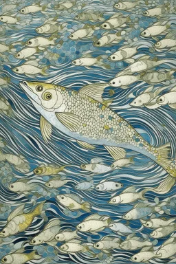 A light gray ocean with flying fish designed in medieval tapestry painted by Gustav Klimt