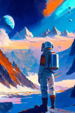 One astronaut looking at sky, planet in thrlake, mountains, sci-fi, hans am ende, and henry luyten impressionism paintings