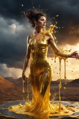 A hyper-realistic photo, beautiful woman body disintegrating into gold dripping ink and slime::1 ink dropping in water, molten lava, , 4 hyperrealism, intricate and ultra-realistic details, cinematic dramatic light, cinematic film,Otherworldly dramatic stormy sky and empty desert in the background 64K, hyperrealistic, vivid colors, , 4K ultra detail, , real photo, Realistic Elements, Captured In Infinite Ultra-High-Definition Image Quality And Rendering, Hyperrealism,