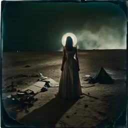 Photorealistic polaroid nothingness and distressing anguish old wooden void, wasteland night Max Ernst Hieronymus Bosch, volumetric light, shot on Hasselblad, movie shot, details of the dress accentuated, nightmare, hypermaximalist