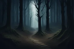 лес темный, с тропинками