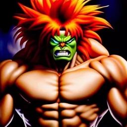 Ultra detailed fullbody Portrait in oil on canvas of Street Fighter- Blanka,extremely detailed digital painting,ultrarealistic skin,intense stare, extremely detailed face, crystal clear eyes, mystical colors ,perfectly centered image, perfect composition, rim light, beautiful lighting,masterpiece ,8k, stunning scene, raytracing, anatomically correct, in the style of Simon Bisley and Ohrai Noriyoshi and robert e howard and Steve Jung and frank frazetta.