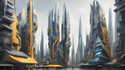 A futuristic cityscape with tall, angular skyscrapers and unique architectural structures in varying shades of grey, yellow, blue, green and orange, the buildings have intricate designs and patterns, creating an architecturally avant garde visual appearance.