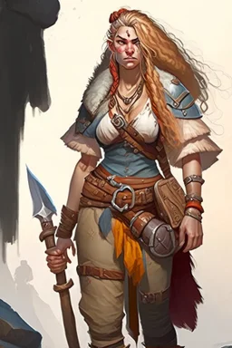 female aasimar barbarian wearing traveling clothes