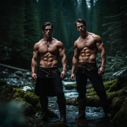 two Handsome and muscular 30 year old shirtless mountain men , dark fantasy, snowy forest