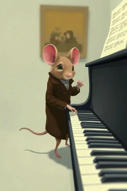 A mouse warring a black coat dressed brown coat, playing the piano