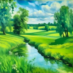 A green prairie with a river painted by Paul Cezanne