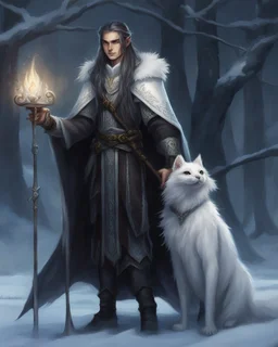 a young High Elf frost Wizard with long wiry hair, wearing a black trimmed white nobleman's robe and frost ornaments on clothes, with a weasel companion