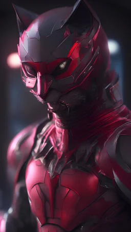 Iconic Cat-Man, Glowing red and silver, ultra-detailed armor, eye mask cat, dynamic shot, richly saturated colors, full stature, cinematic atmosphere, Octane rendering, hyper-realistic, unparalleled detail, 8K , concept art, physically based rendering, intricate textures, subsurface scattering, timeless masterpiece, AI enhanced, GAN, ray tracing, depth of field, neural network,