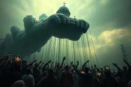 an oppressive government looms above, pulling the strings of puppets below, the news media broadcasts their suffering everywhere, dystopian, dread, horror