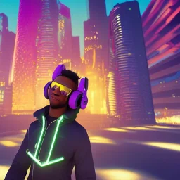 stylized Rabbit, smiling, cyberpunk headphone, sunglass, gangsta gold neckless, full body, magenta puffer jacket, manila city backdrop, dramatic lighting, hyper realistic, unreal engine 5, 16k