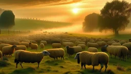Large flock of Merino sheep undulating like a white sea over emerald green hills, golden sunrise light illuminating their fluffy wool, traditional shepherd with a crook and Border Collie dog guiding the flock, morning mist rising between the animals' legs, ancient stone fences snaking in the landscape, romantic pastoral style