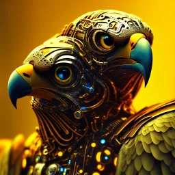 A beautiful portrait of a cyborg eagle yellow color scheme, high key lighting, volumetric light high details psychedelic background