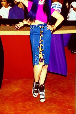 year 1996 denim fashion. Loose skirt, low waist. Colors: denim blue, blue, purple, cream, khaki, light green, lilac, plum, orange, terracotta, red, light yellow, pink, dark blue, beige. Cheetah pattern. Gwen Stephani, Missy Elliot, Shirley Manson.