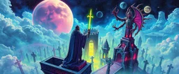 Epic portrait of paladin vs demi-lich in tower cemetery in the style of Giger and Escher in Transparent Psychedelic Fluorescent Colors looking like a Record Cover, multidimensional depth of field, airbrush pen outline, on top of tower, seen from the clouds