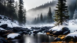 scenery of an autumn fir forrest with fog,a creek with black rocks