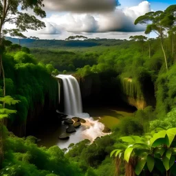 Paisaje con un salto de agua, en medio de la selva paranaense, con donde se ven árboles florecidos, tucanes, y loros