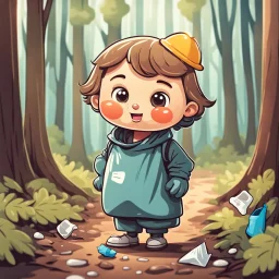 a very little Cute Figure, with cute face, collects trash in the forest, cartoon style