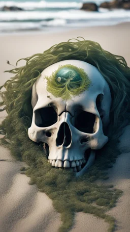 A skull covered with sea weed laying on the beach with a rough waves , cancers coming out the skull’s eye