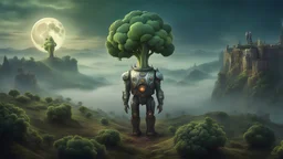 A moon that looks like a happy origin head broccoli funny above a landscape, a robot in a ragged dress looks up in the distance, fog, and intricate background HDR, 8k, epic colors, fantasy surrealism, in the style of High Renaissance