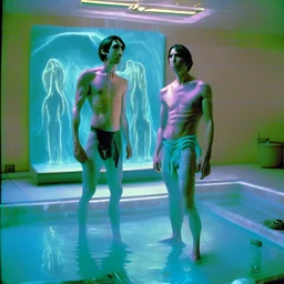 Justin long and his mus boyfriend are standing above thier pool showered spa heater while in tight loincloths and Nickolas is flexing there muscles while illuminated by the ambient teal glowing on the glowing marbled floor made of long flat marble slabs, the ground next to the clinical yard is in the style of primitive art. metalworking mastery, fawncore, the immaculately composed quality of this photo shows the artist was taken with provia, detailed wildlife, isaac grünewald, rustic simplicity