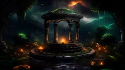 a round podium for meditation ,my dreams . In the garden my mind bows . meditation .The ruins of a village in the midst in the jungle , mountains. space color is dark , where you can see the fire and smell the smoke, galaxy, space, ethereal space, cosmos, panorama. Palace , Background: An otherworldly planet, bathed in the cold glow of distant stars. Northern Lights dancing above the clouds in papua new guinea.