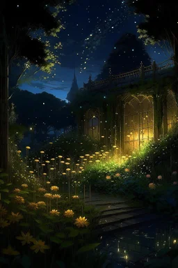 generate me an image of luxurious gardens with tall overflowing foliage and beautiful flowers at night with fireflies