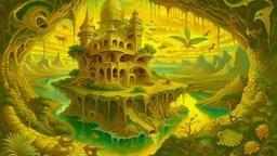 Paradise Court Scene, Fantasy Surrealism Otherworldly, Gold / Golden, Artist Jacek Jelka, Richard Dennis, "Beautiful view of paradise!!" from the modifier: HD, surreal, children's painting, very attractive, fantastic, highly detailed, highly clear, beautiful, elegant, complex