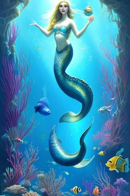 underwater scene, a mermaid with shimmering tail, beautiful colors, octopus, fish, very fine detail, high quality, mystical, romanticism, intricate, Neo-Impressionism,