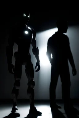 Shadow humanoid Android overshadowing a scared male in the light