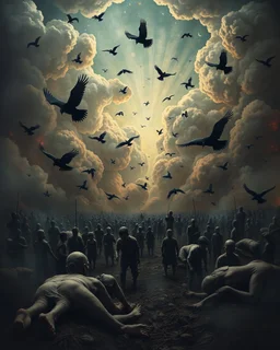 Bosch painting style, nightmare , people suffering in hell , dramatic, great quality picture with cinematic scenes , show only heavy clouds in the background, many dead bodies like stars in the sky , children’s and black birds fill the backgrounds