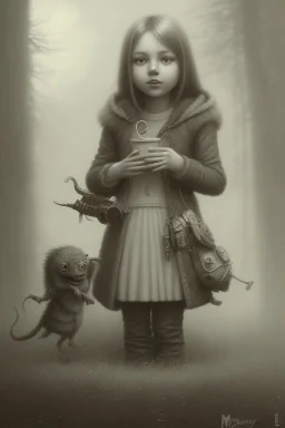 cute girl and litlle monster,Style John Kenn Mortensen,