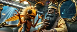 close up portrait of hairy fluffy polymer clay cute happy excited gesticulating alien monster banana wasp with realistic human colored and textured skin, and long sleek limbs and with studio lights, on a luxury ornate neon buss with strange graphitti and tatooes, talking to a wise man, buss is full of smoke, and bright beams from the sky