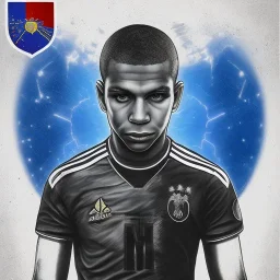 kyliian mbappe , fantastic drawing, robot body, special power, world cup in hand, france t-shirt