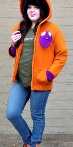 Brunette.thick thighs,thick calves,flat belly,curvy fell. big head. Mantle is sewed of upcycled Denim and sewed together of camouflage pieces. Pieces' color are orange, cream and purple. It is with big bright purple felt tippet and cream-colored-hood. mantle is merged with satchel. . Big AKG-style headphones (gold rings!) is merged with small felt cap with small visor. Style: Haute Couture in 1910's, N.Y.C fashion in 1996, inspired by street art 2023 Paris