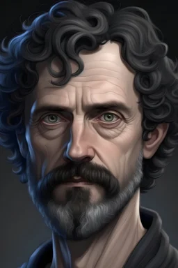 a man in his fourties, short curly black hair with a bit of grey, short curly beard with a bit of grey, blue eyes, big round nose, tricone hat, realistic epic fantasy style