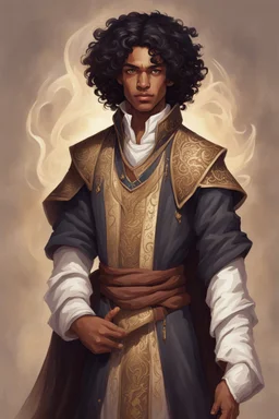 young mulatto sorcerer, with wavy black hair and brown eyes dressed in an aristocratic tunic