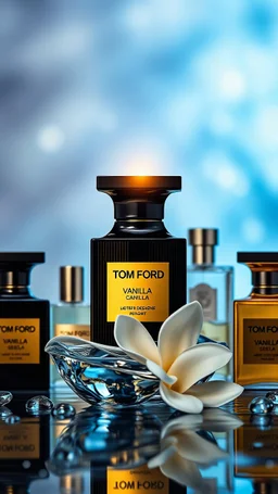 A professionally designed image of a variety of Tom Ford brand colognes in an attractive and special background and the elements used in making colognes and Tomford Vanilla Sexy in the center with light and water.