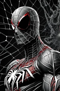 Arte lineal Spiderman cyborg, calidad ultra, hiperdetallado, maximalista, color blanco, increíble obra