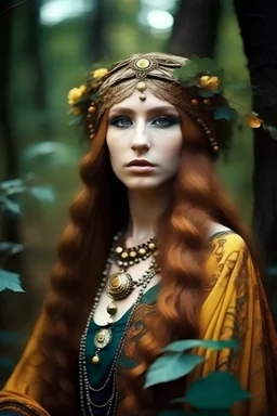 Portrait of pagan goddess in the wild forest, turban on head, long hair, jewelry made in style of Gustav Klimt