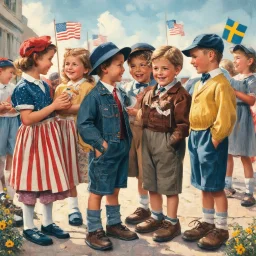 Nostalgic images with Norman Rockwell illustration style. Depicting of American kids mingling with Swedish kids. I love their funny expression. Modifiers: digital painting elegant Award winning photography cinematic lighting beautiful dynamic lighting fantastic view close up crisp quality very cute cinematic postprocessing Vintage Natural colors aesthetically perfect facial features Craig Rutkowski Carl Larrson Charles Wells Schaller beautiful cinematic lighting elegant digital painting digital