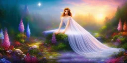 bright fairy, beautiful portrait, flowery landscape