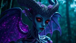 1. holographic simulation, beautiful xenobiotic alien demon with wings behind her on a night black forest background, floral beauty, super detailed face, bloody eyes, on night green forest and rain background, professional photo, 4k, high resolution, high detail, close-up, octane, body art, patterns, lavender color, white background, silver wire, artistic elven fantasy, filigree, dark botany, ultra detail, dark botany, photorealistic image