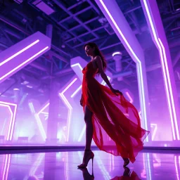 An ethereal fashion shot featuring a bold red silhouette against a complex futuristic architectural backdrop. Soft purple and blue ambient light fills the space, creating a serene yet high-tech mood. The model's graceful pose contrasts with the sharp, geometric neon structures. Dreamlike atmosphere with soft-focus reflections on a mirrored floor.